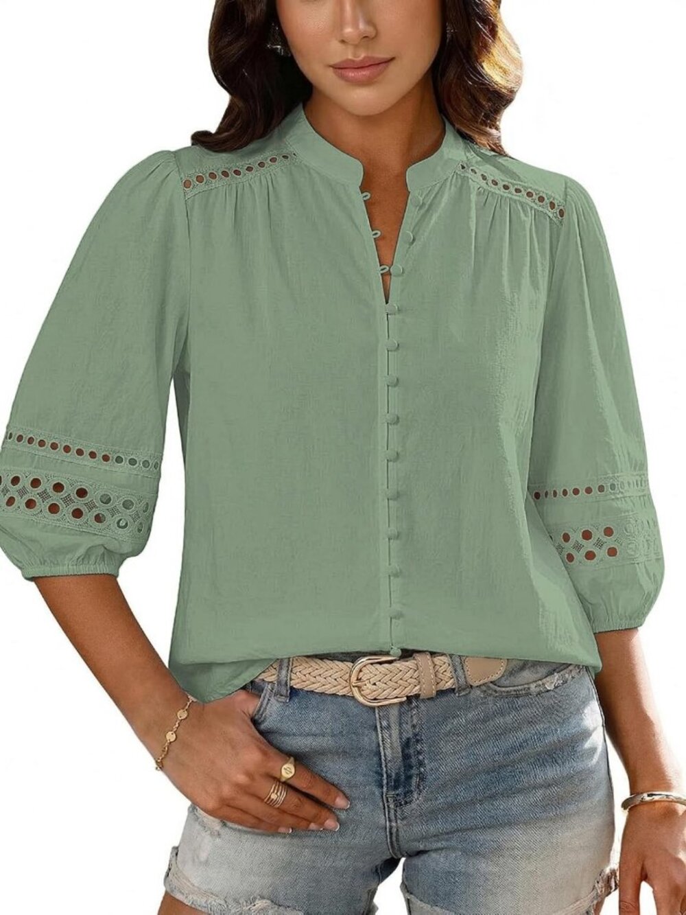 Chic 3/4 Puff Sleeve Button Down Blouse | Cotton Eyelet Boho Top for Casual